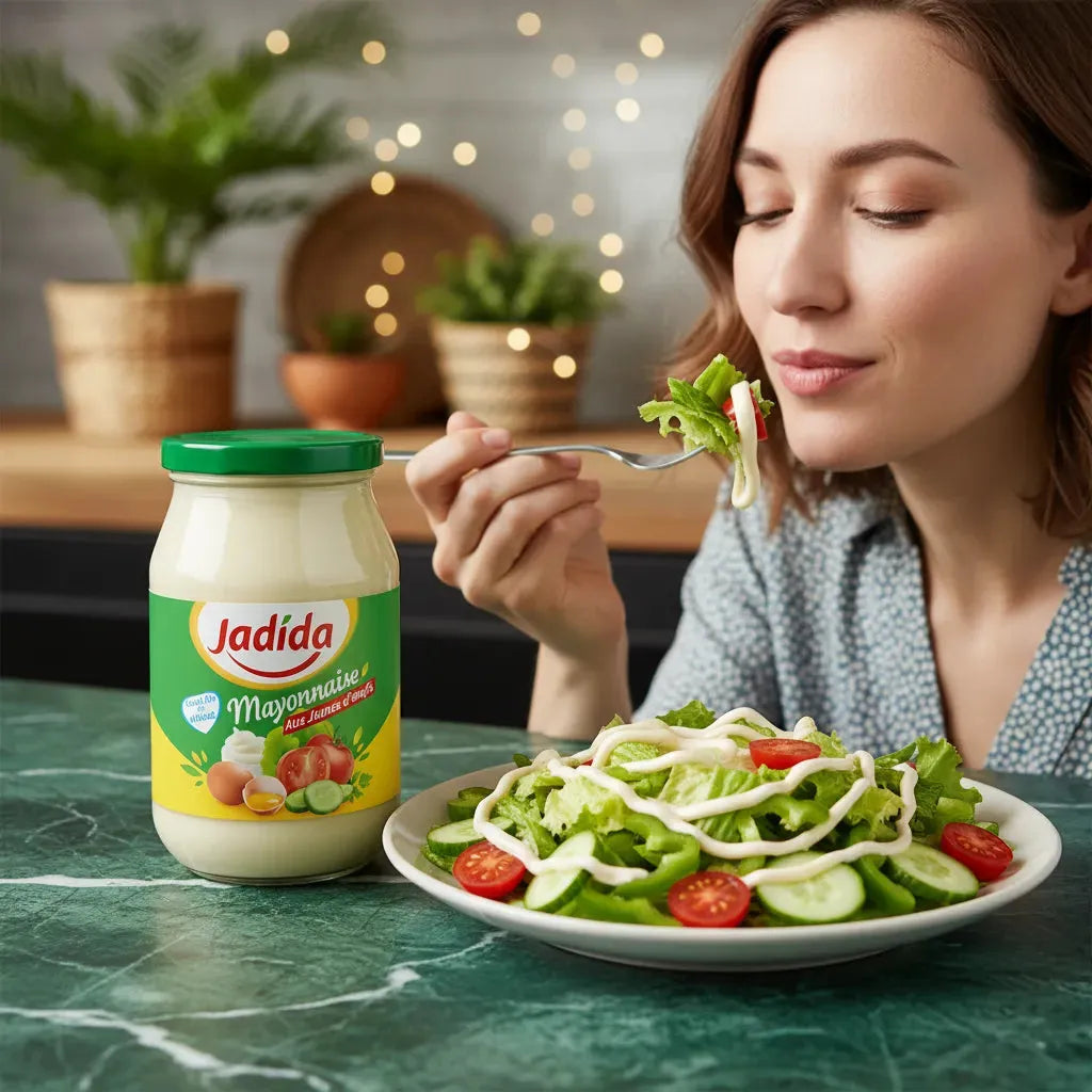 Femme dégustant une salade garnie de mayonnaise JADIDA onctueuse, idéale pour sublimer les repas sains et équilibrés.